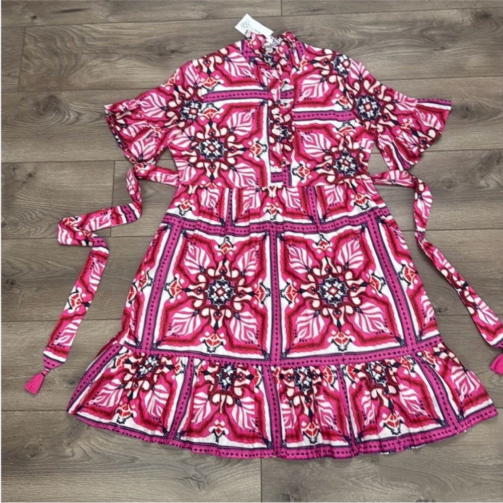Pink Patterned Short-Sleeve Ruffled Dress - Picture 3 of 16